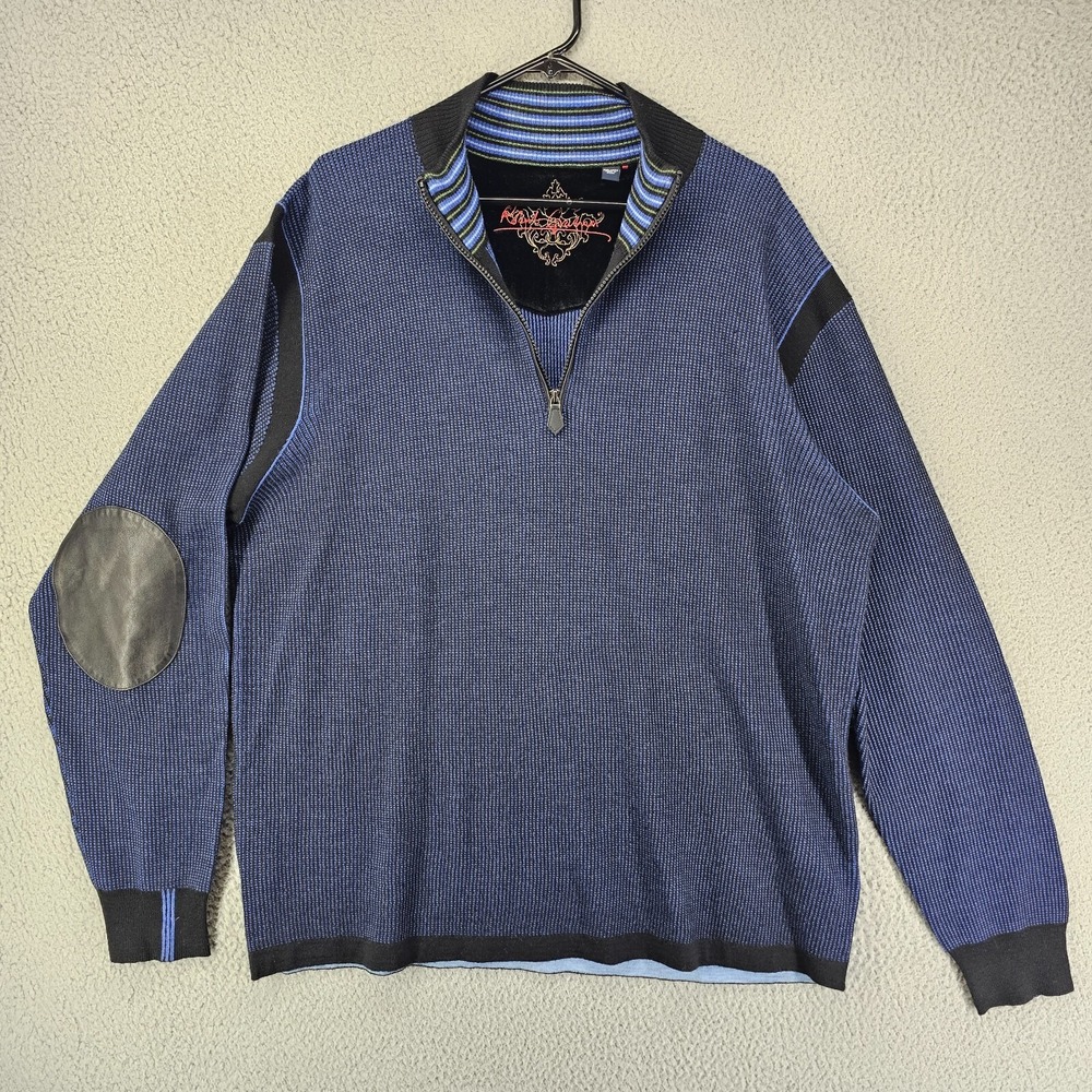 Robert Graham Sweater Mens 2XL Navy Blue Wool 1/4 Zip Elbow Patch Mock Neck